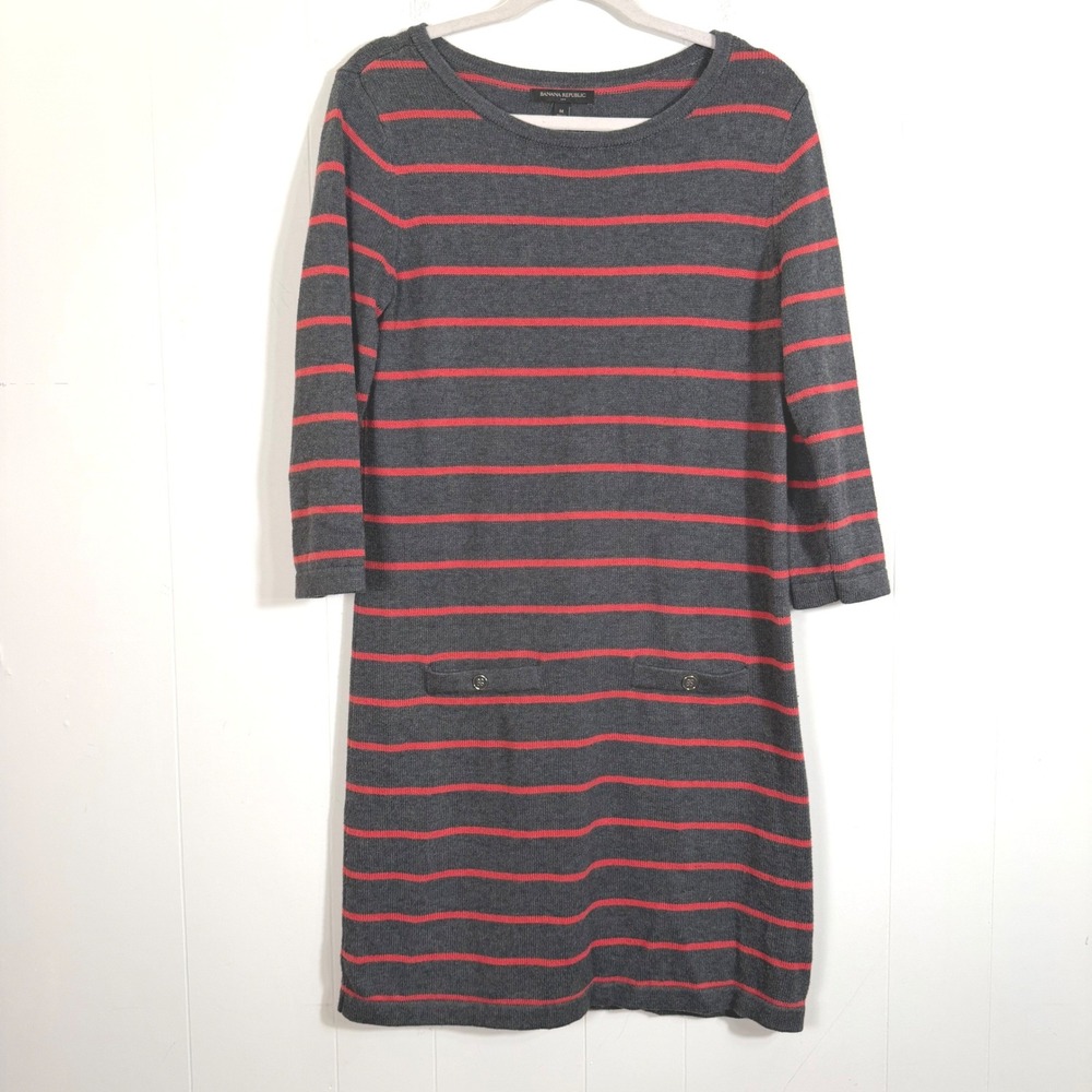 Banana Republic Gray Red Striped Sweater Dress 3/4 Sleeve Size M Preppy Twee